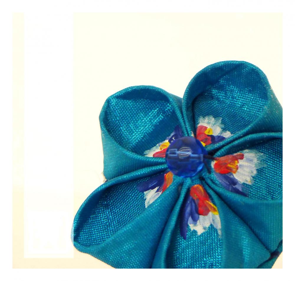 Turquoise valentines ring 5petals fabric flower -Hand-painted