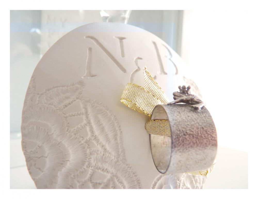 French vintage lace inside-out porcelain bowl with initials.