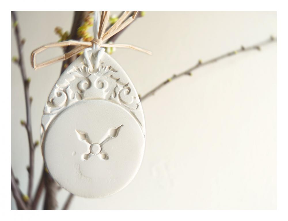 English Easter ornaments - white ceramic, handpainted.