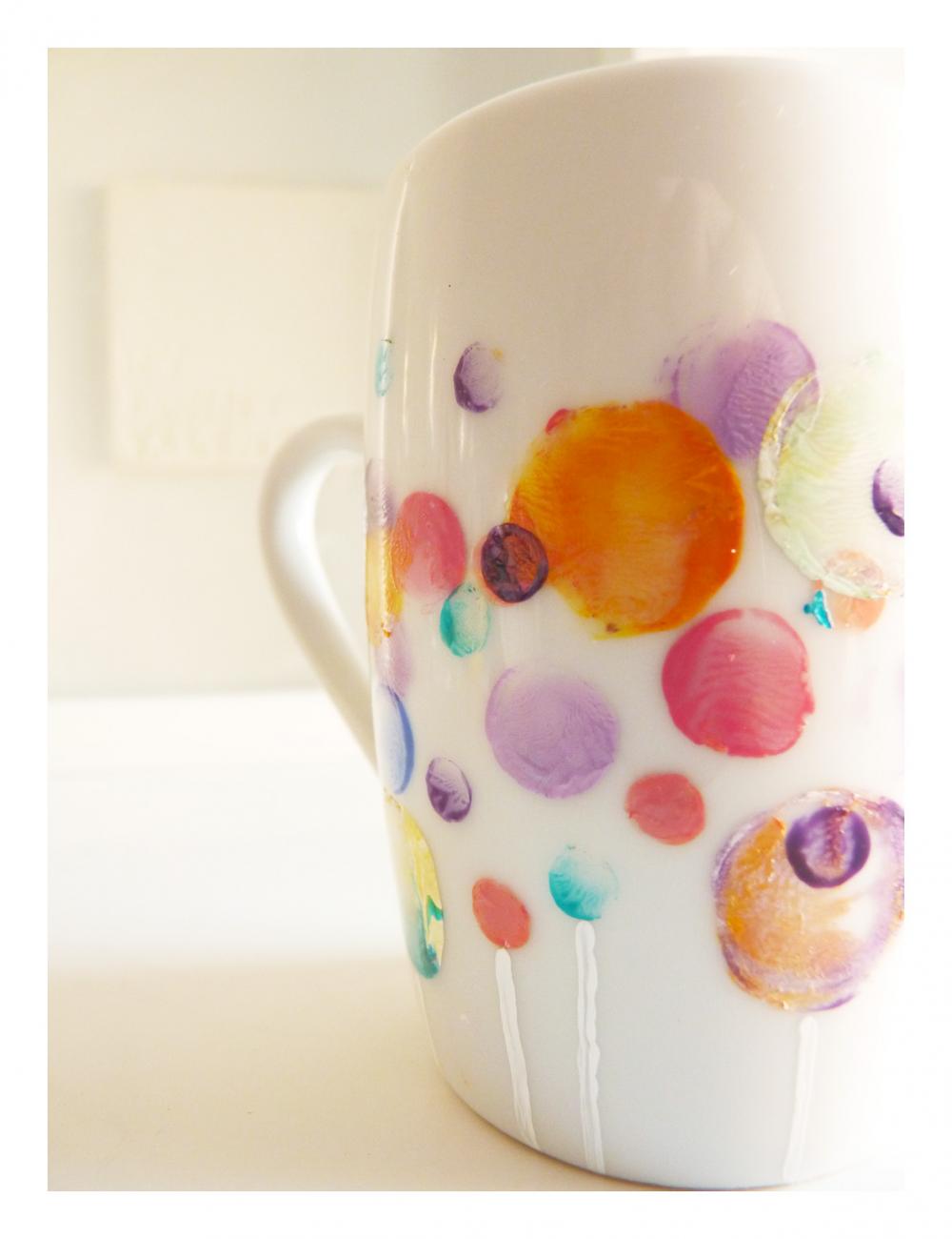 Bubble coffee cup, upcycled handpainted mug.