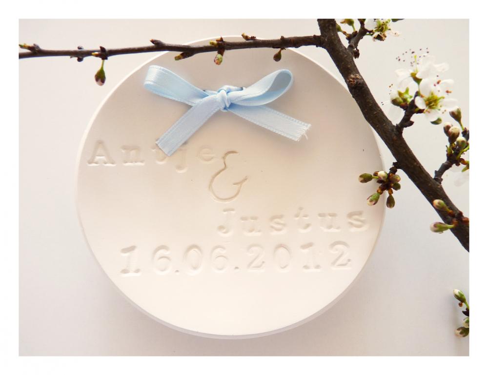 Wedding ring bearer bowl with names and dates - white porcelain